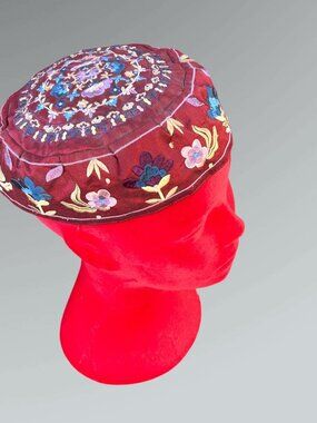 Yair Emanuel Maroon Red Silk Embroidered Bucharian Kippah Jewish Yarmulke